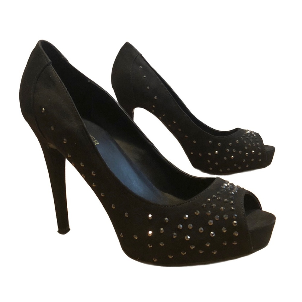 MARC FISHER Harpy Crystal Studded Platform Stiletto Heel Pumps‎ Black Suede Sz 9